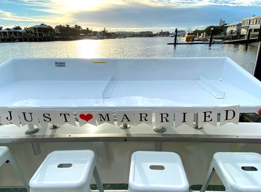 Wedding Just Married sign on rear bar of Crusader 1