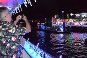 Sunshine Coast Afloat Crusader 1 Boat Christmas Cruise Passenger Taking Photo Of Christmas Lights 2