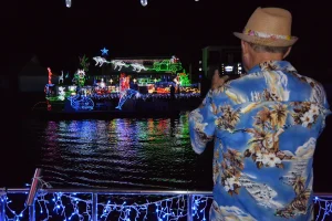 Sunshine Coast Afloat Crusader 1 Boat Christmas Cruise Passenger Taking Photo Of Christmas Lights
