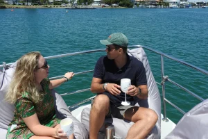 Sunshine Coast Afloat Crusader 1 Couple On Bow With Drinks